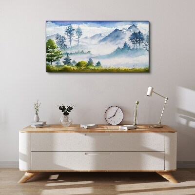 Tableau imprimé sur toile Paysage de montagne dans le brouillard du matin