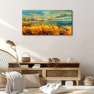 Tableau toile imprimée Herbes dorées sur l'eau bleue