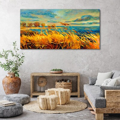 Tableau toile imprimée Herbes dorées sur l'eau bleue