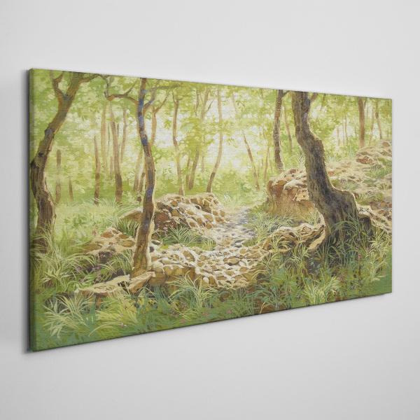 Tableau sur toile Paysage de forêt verte avec des pierres