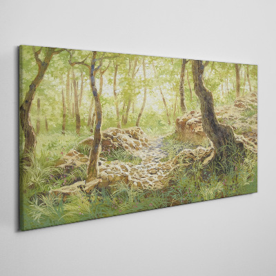 Tableau sur toile Paysage de forêt verte avec des pierres