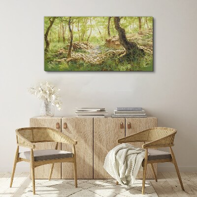 Tableau sur toile Paysage de forêt verte avec des pierres