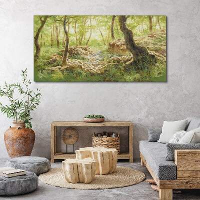 Tableau sur toile Paysage de forêt verte avec des pierres