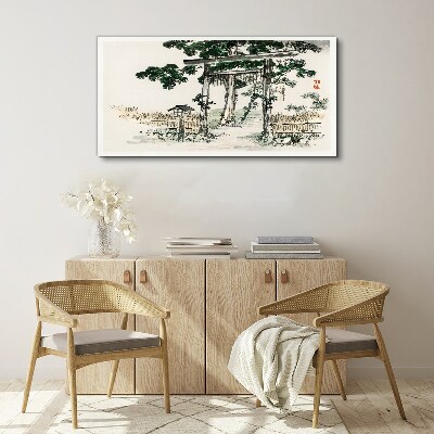 Tableau toile imprimée Porte Torii dans un paysage paisible