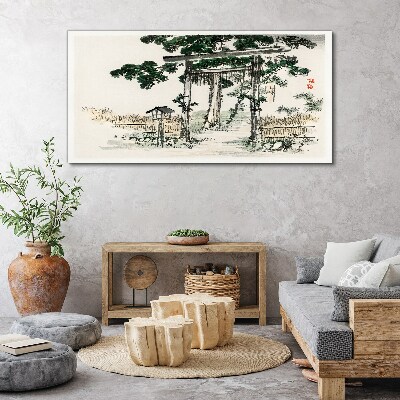 Tableau toile imprimée Porte Torii dans un paysage paisible