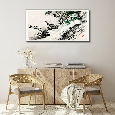 Tableau imprimé sur toile Cascade dans un paysage de montagne