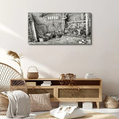 Tableau toile imprimée Un enclos avec des vaches et des outils