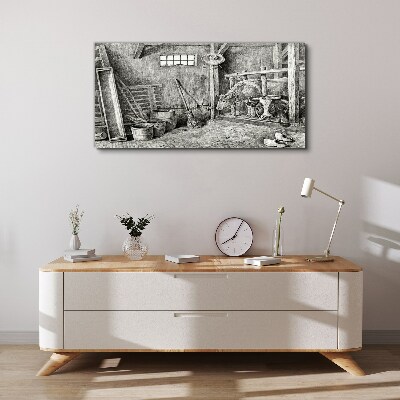 Tableau toile imprimée Un enclos avec des vaches et des outils