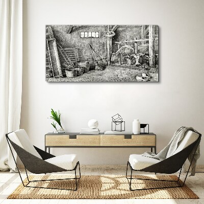 Tableau toile imprimée Un enclos avec des vaches et des outils
