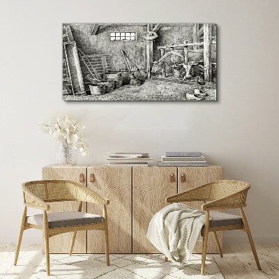 Tableau toile imprimée Un enclos avec des vaches et des outils