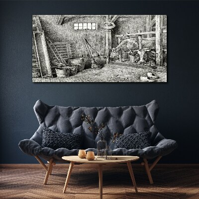 Tableau toile imprimée Un enclos avec des vaches et des outils