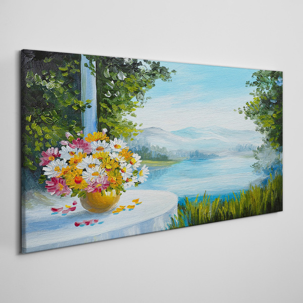 Tableau sur toile Un bouquet de fleurs au bord du lac
