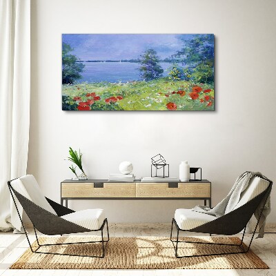 Tableau sur toile Paysage floral au bord du lac
