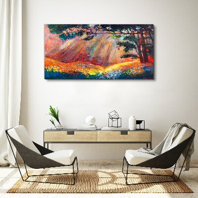 Tableau sur toile Rayons dorés dans le paysage d'été