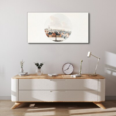 Tableau sur toile Vue de la ville avec un cadre circulaire