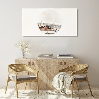 Tableau sur toile Vue de la ville avec un cadre circulaire