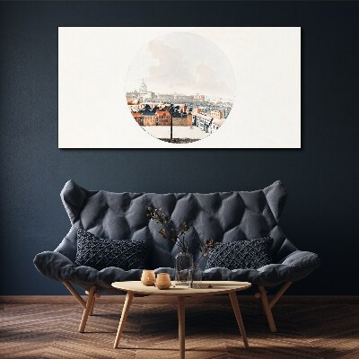 Tableau sur toile Vue de la ville avec un cadre circulaire