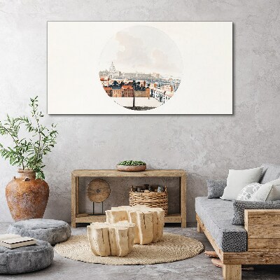 Tableau sur toile Vue de la ville avec un cadre circulaire