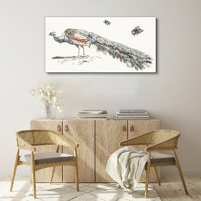 Tableau toile imprimée Paon avec des mouches