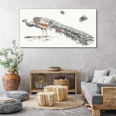 Tableau toile imprimée Paon avec des mouches