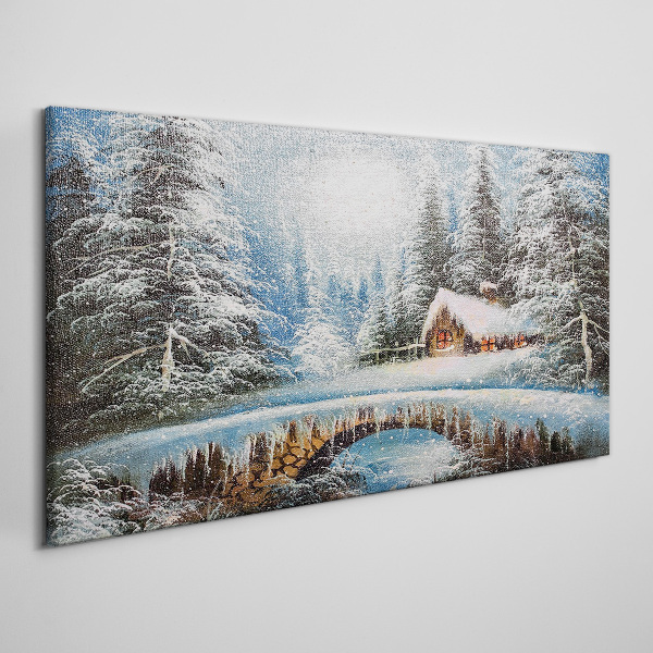 Tableau sur toile Paysage d'hiver avec un chalet dans la forêt