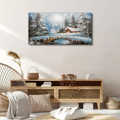 Tableau sur toile Paysage d'hiver avec un chalet dans la forêt