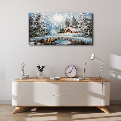 Tableau sur toile Paysage d'hiver avec un chalet dans la forêt