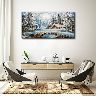 Tableau sur toile Paysage d'hiver avec un chalet dans la forêt