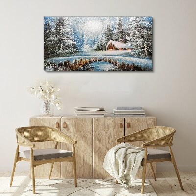 Tableau sur toile Paysage d'hiver avec un chalet dans la forêt