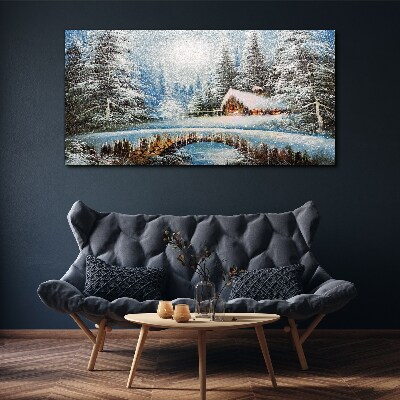 Tableau sur toile Paysage d'hiver avec un chalet dans la forêt