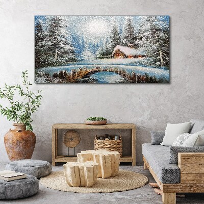 Tableau sur toile Paysage d'hiver avec un chalet dans la forêt