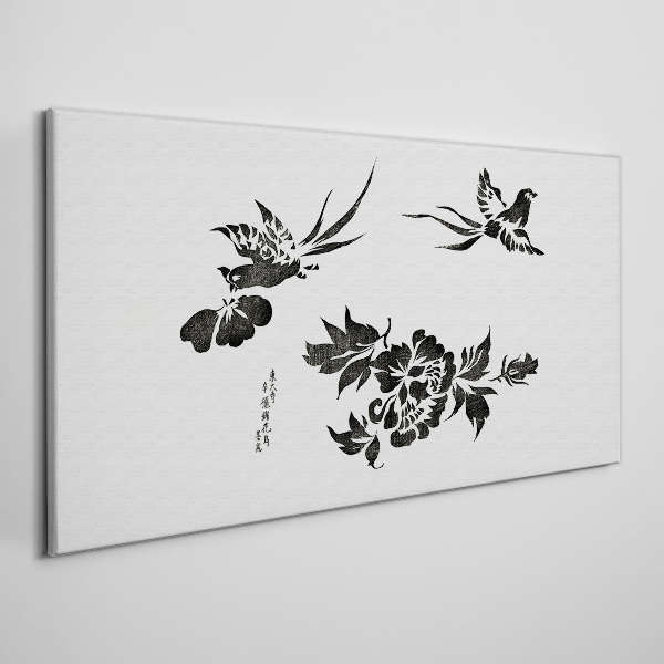 Tableau sur toile Oiseaux et fleurs en noir et blanc