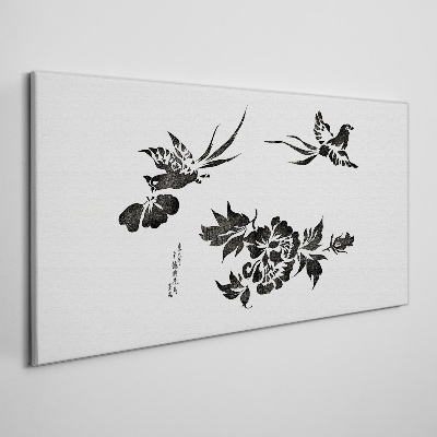 Tableau sur toile Oiseaux et fleurs en noir et blanc