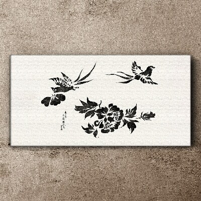Tableau sur toile Oiseaux et fleurs en noir et blanc