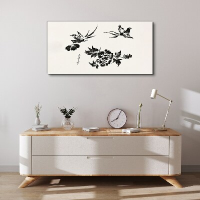 Tableau sur toile Oiseaux et fleurs en noir et blanc