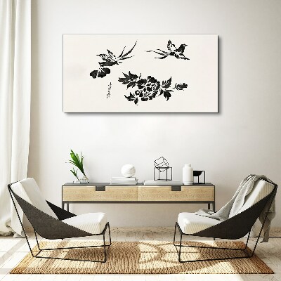 Tableau sur toile Oiseaux et fleurs en noir et blanc