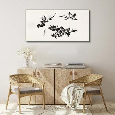 Tableau sur toile Oiseaux et fleurs en noir et blanc