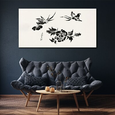 Tableau sur toile Oiseaux et fleurs en noir et blanc