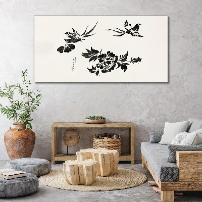 Tableau sur toile Oiseaux et fleurs en noir et blanc