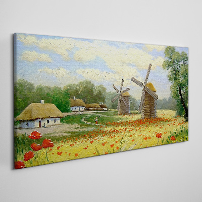 Tableau toile imprimée Paysage rural avec moulins à vent