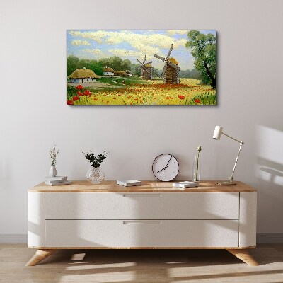 Tableau toile imprimée Paysage rural avec moulins à vent