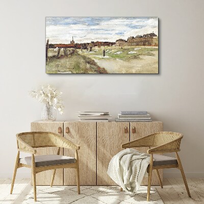 Tableau toile imprimée Paysage avec des personnages sur fond de ville