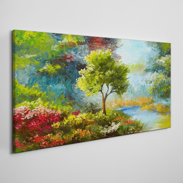 Tableau imprimé sur toile Paysage de printemps avec un arbre et des fleurs