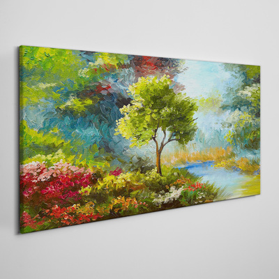 Tableau imprimé sur toile Paysage de printemps avec un arbre et des fleurs