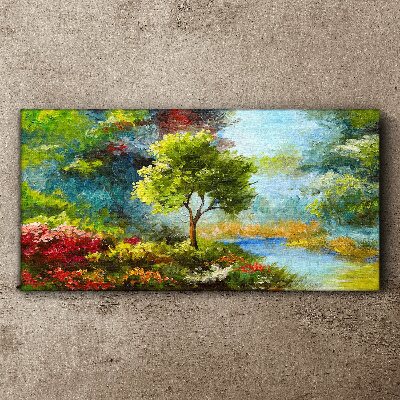 Tableau imprimé sur toile Paysage de printemps avec un arbre et des fleurs