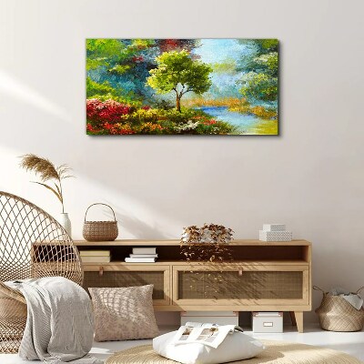 Tableau imprimé sur toile Paysage de printemps avec un arbre et des fleurs