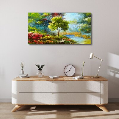 Tableau imprimé sur toile Paysage de printemps avec un arbre et des fleurs