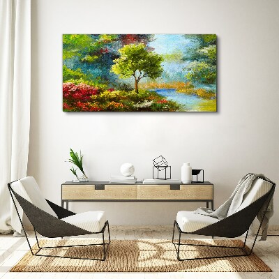 Tableau imprimé sur toile Paysage de printemps avec un arbre et des fleurs
