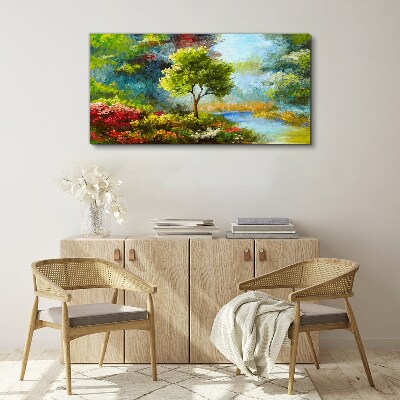 Tableau imprimé sur toile Paysage de printemps avec un arbre et des fleurs