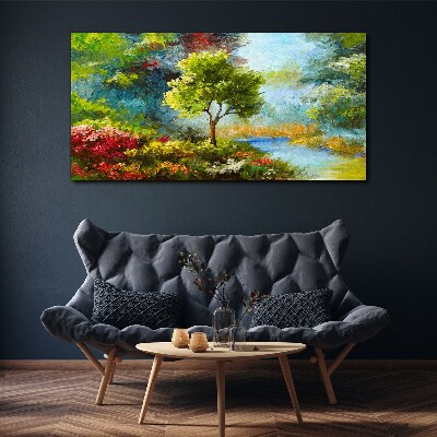 Tableau imprimé sur toile Paysage de printemps avec un arbre et des fleurs